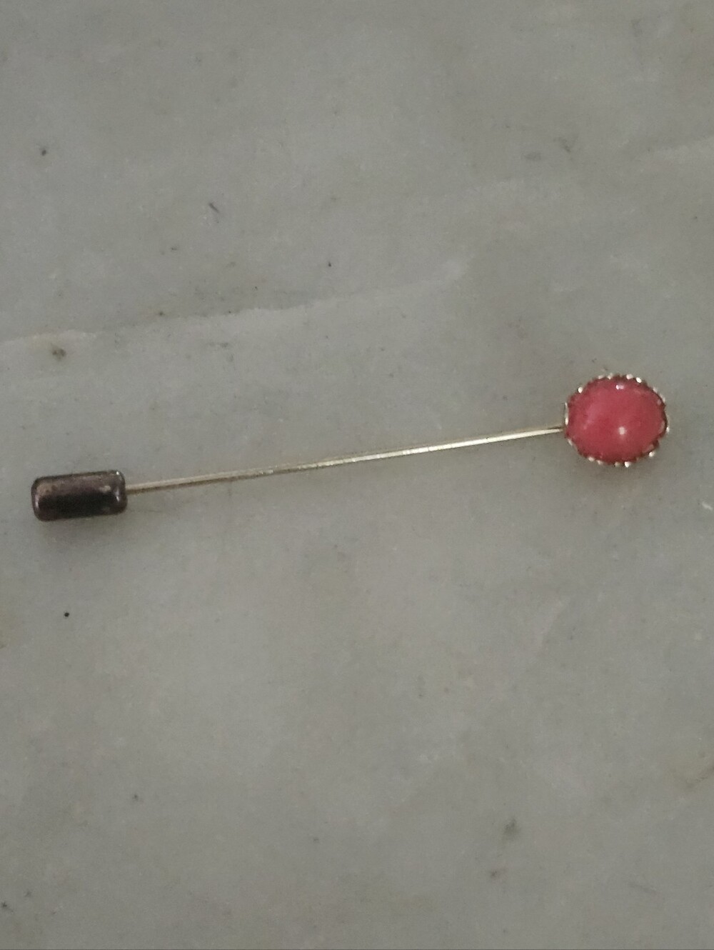 Vtg Gold Tone Stick Lapel Pin with Coral Pink Stone